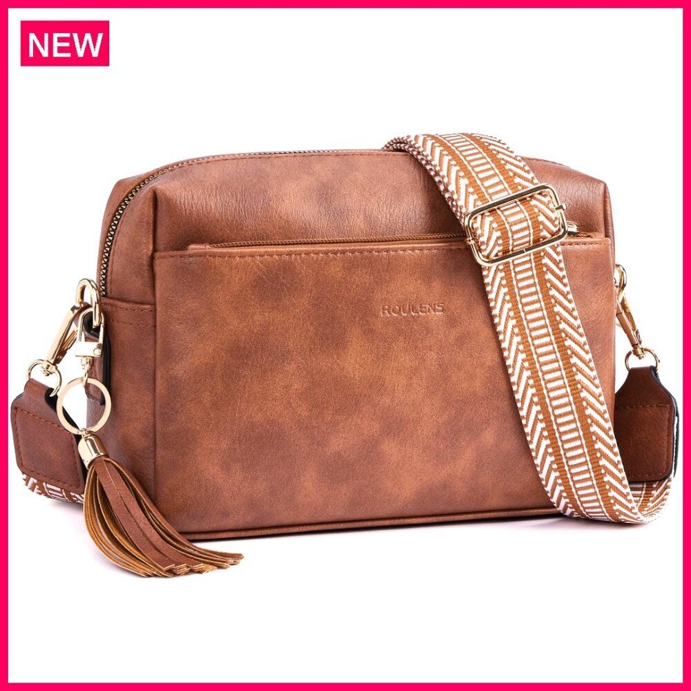 Triple Zip Crossbody Bag, Vegan Leather, Adjustable Strap, 9x6.2x3 Inches
